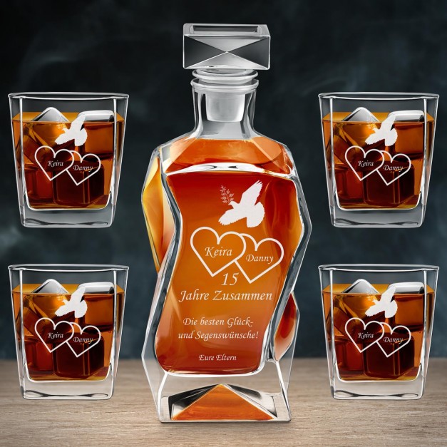 Moderne Whisky Karaffe mit 4 Gläsern und Gravur für ein Paar zum 15. Hochzeitstag