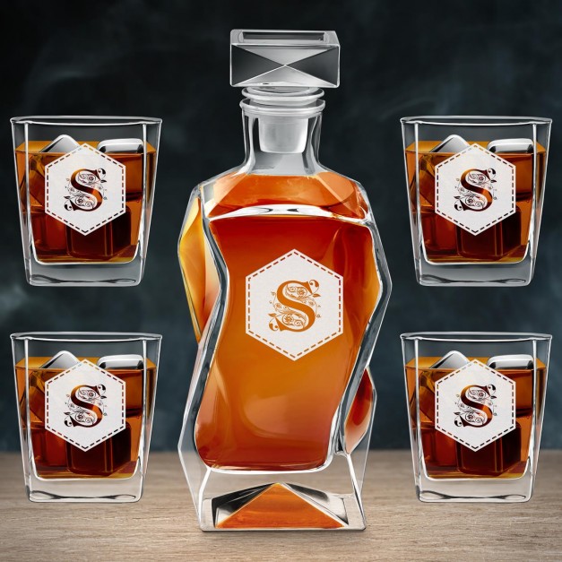 Moderne Whisky Karaffe mit 4 Gläsern und Gravur für ein Paar, eine Frau und einen Mann