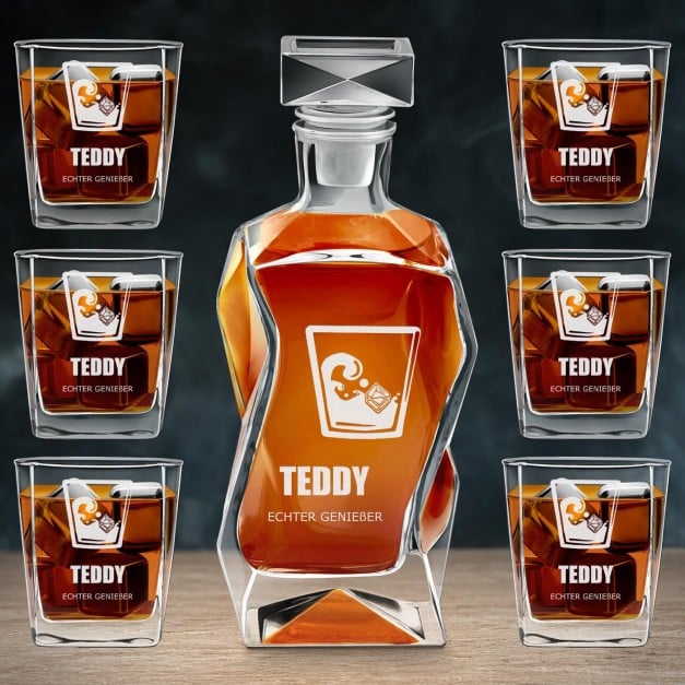 Moderne Whisky Karaffe mit 6 Gläsern und Gravur für einen Whiskygenießer