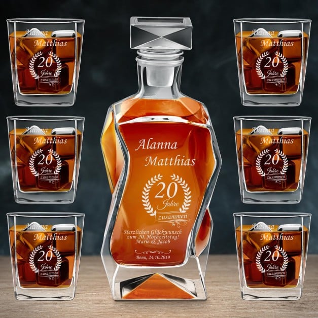 Moderne Whisky Karaffe mit 6 Gläsern und Gravur für ein Paar zum 20. Hochzeitsjubiläum