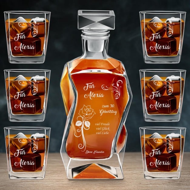 Moderne Whisky Karaffe mit 6 Gläsern und Gravur für sie zum 30. Geburtstag