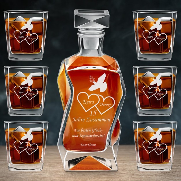 Moderne Whisky Karaffe mit 6 Gläsern und Gravur für ein Paar zum 15. Hochzeitstag