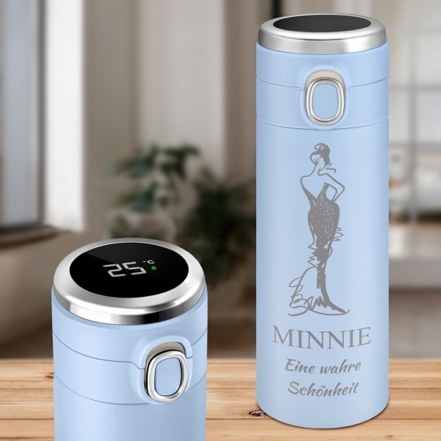 Blauer Reisebecher mit Gravur und LED-Touch-Anzeige für eine Dame