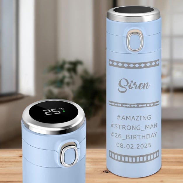 Blauer Reisebecher mit Gravur und LED-Touch-Anzeige für ihn Bodybuilder zum Geburtstag