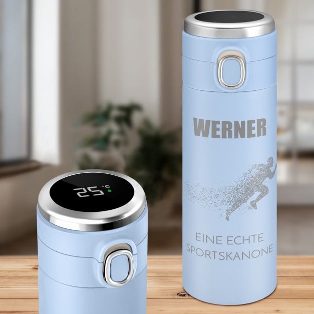 Blauer Reisebecher mit Gravur und LED-Touch-Anzeige für Ihren Liebsten. Jogger, Sportler