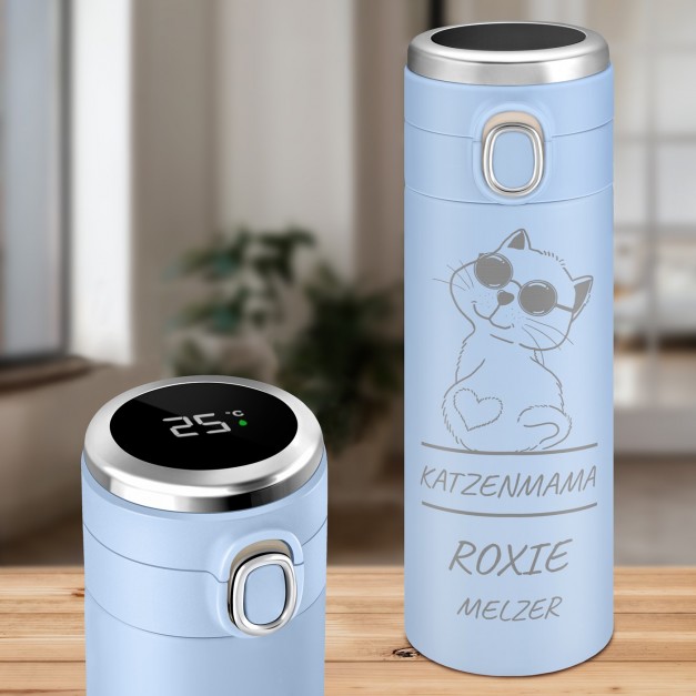 Blauer Reisebecher mit Gravur und LED-Touch-Anzeige für eine Katzenlady