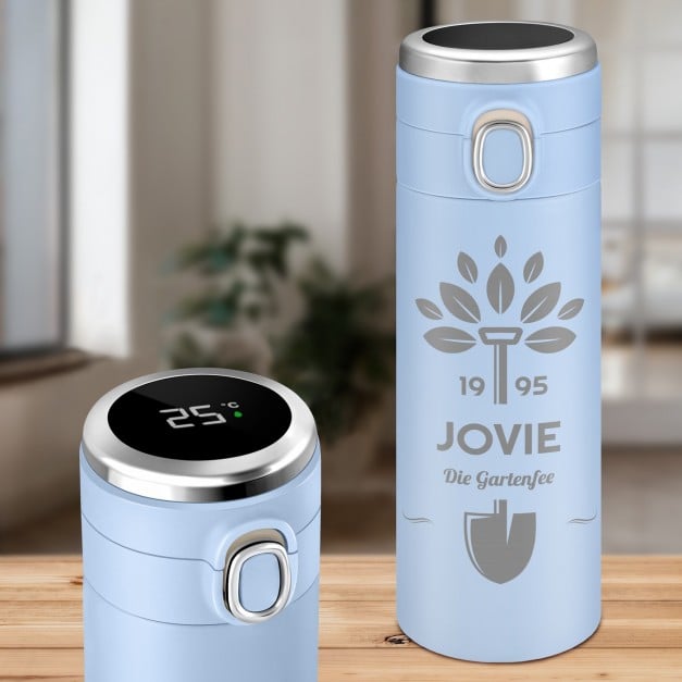 Blauer Reisebecher mit Gravur und LED-Touch-Anzeige für eine Gärtnerin zum Geburtstag