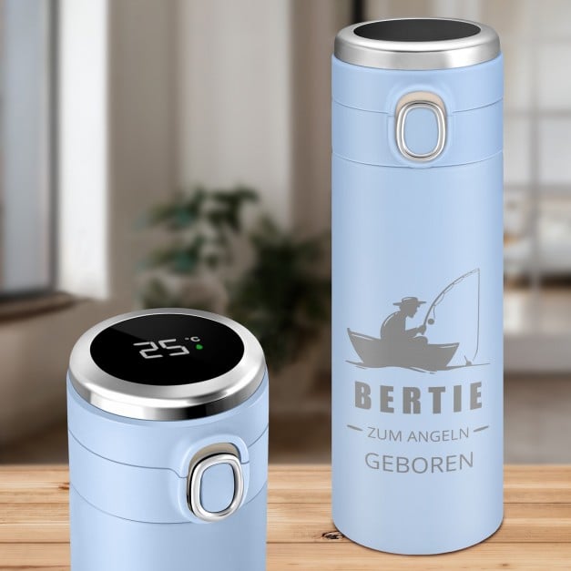 Blauer Reisebecher mit Gravur und LED-Touch-Anzeige für einen Angler, Fischer