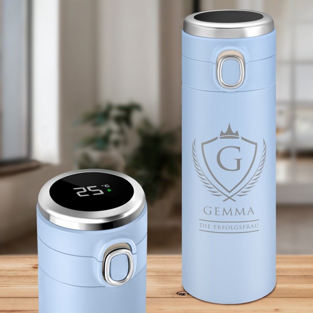 Blauer Reisebecher mit Gravur und LED-Touch-Anzeige für eine Frau
