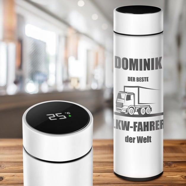 Weiße auslaufsichere Thermosflasche mit Gravur 400 ml für einen Berufskraftfahrer zum Geburtstag