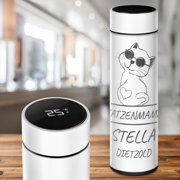 Weiße auslaufsichere Thermosflasche mit Gravur 400 ml für eine Katzenlady