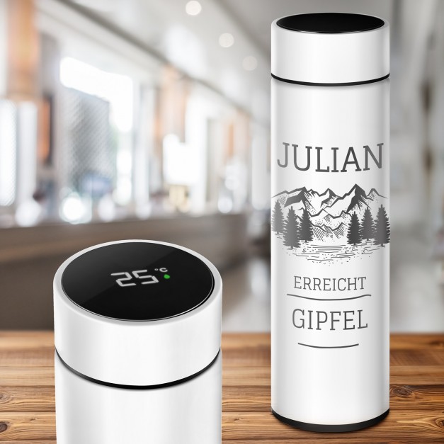 Weiße auslaufsichere Thermosflasche mit Gravur 400 ml für einen Bergsteiger, Reisefan zum Geburtstag