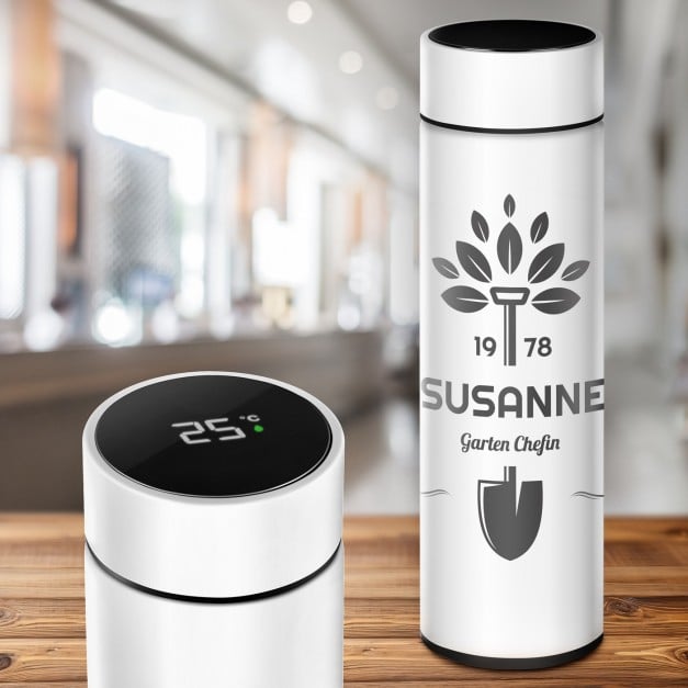 Weiße auslaufsichere Thermosflasche mit Gravur 400 ml für sie eine Gärtnerin zum Geburtstag