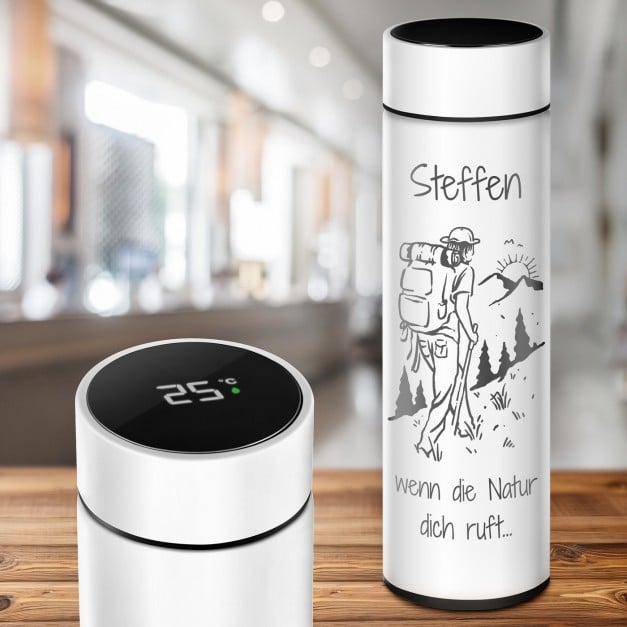 Weiße auslaufsichere Thermosflasche mit Gravur 400 ml für einen Weltenbummler, Bergliebhaber zum Geburtstag