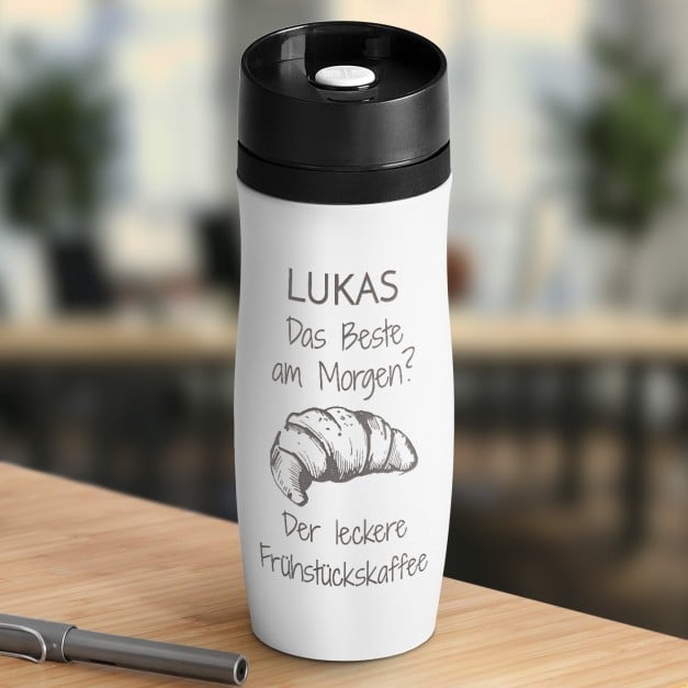 Luftdichter Thermobecher mit Gravur Weiß für einen Kaffeetrinker zum Geburtstag