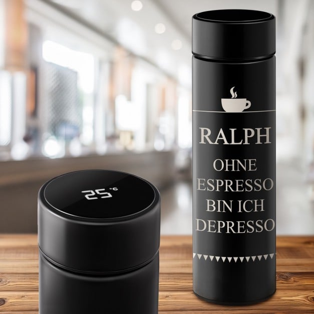 Auslaufsichere Thermosflasche mit Gravur Schwarz 400 ml für einen Kaffeetrinker