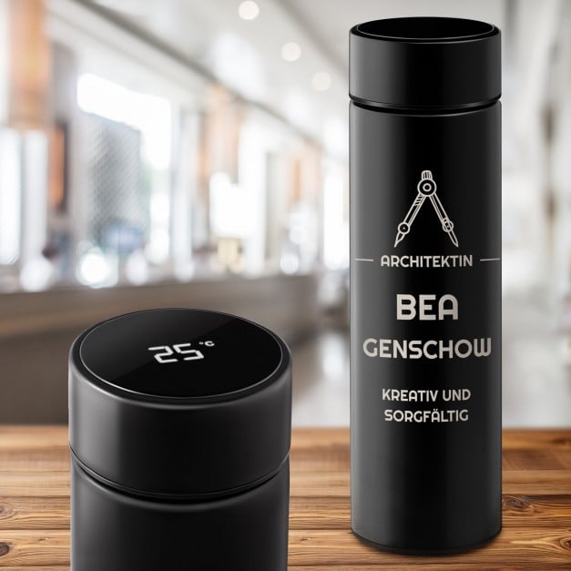 Auslaufsichere Thermosflasche mit Gravur Schwarz 400 ml für eine Architektin, Designerin, Ingenieurin
