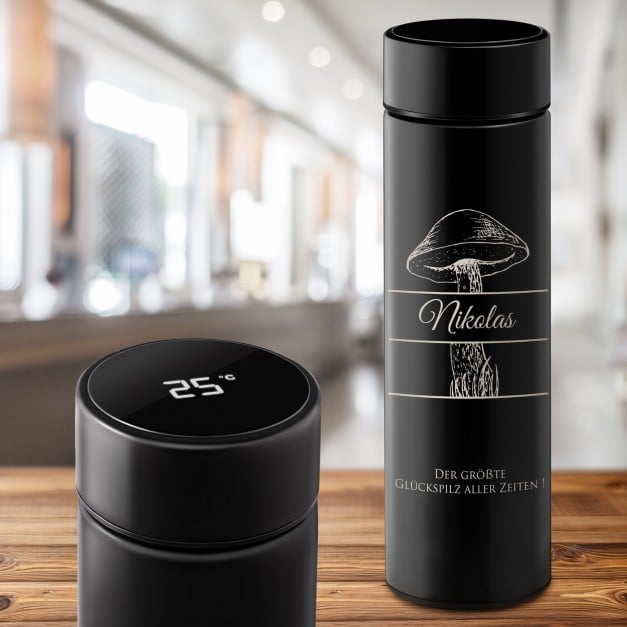 Auslaufsichere Thermosflasche mit Gravur Schwarz 400 ml für einen Pilzsammler