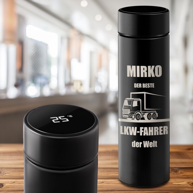 Auslaufsichere Thermosflasche mit Gravur Schwarz 400 ml für einen Berufskraftfahrer zum Geburtstag