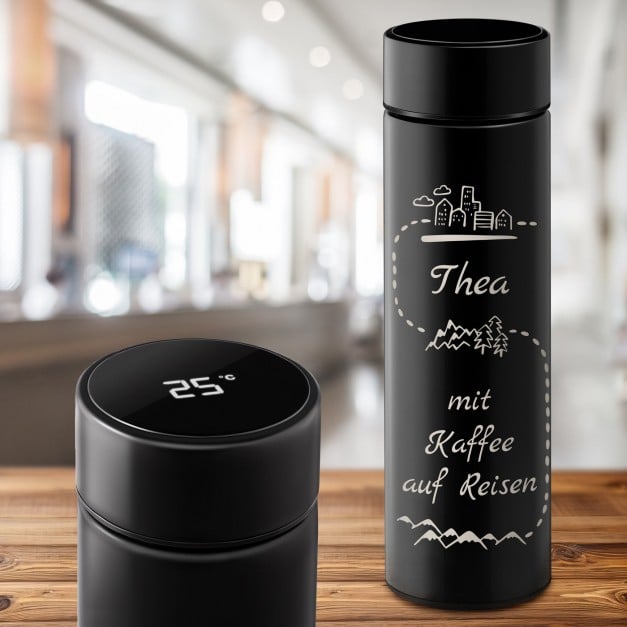 Auslaufsichere Thermosflasche mit Gravur Schwarz 400 ml für eine Kaffeegenießerin