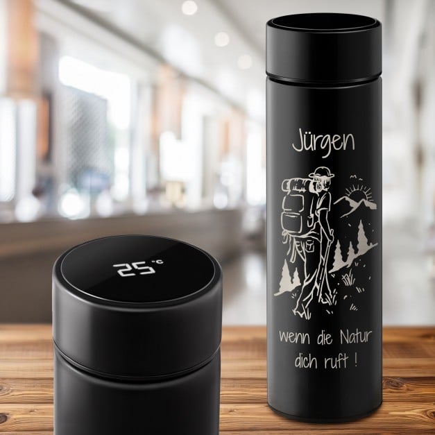 Auslaufsichere Thermosflasche mit Gravur Schwarz 400 ml für einen Weltenbummler, Bergliebhaber