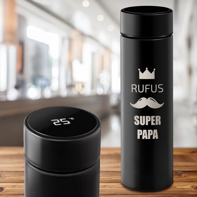 Auslaufsichere Thermosflasche mit Gravur Schwarz 400 ml für Ihren Papa