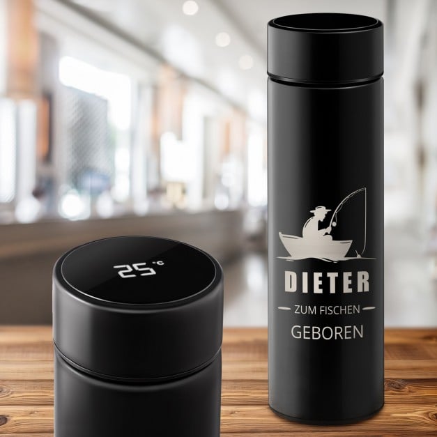 Auslaufsichere Thermosflasche mit Gravur Schwarz 400 ml für einen Angler, Fischer