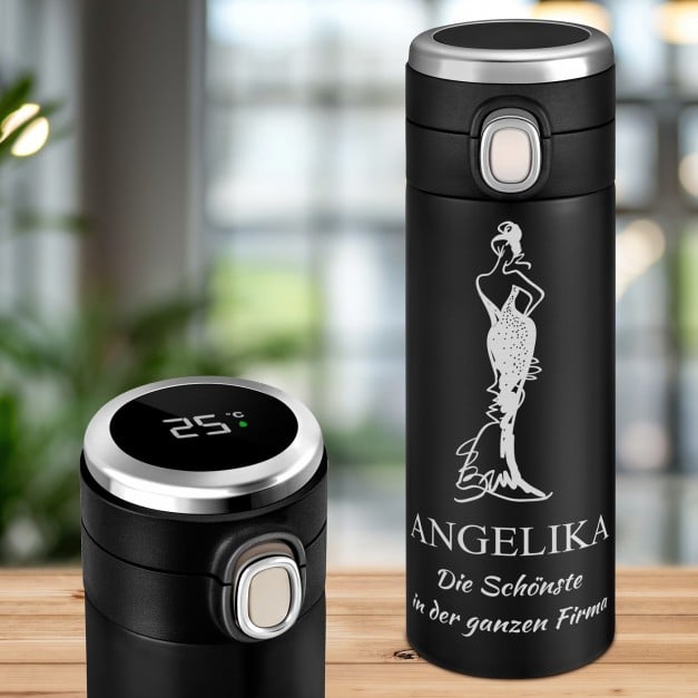 Schawrzer Reisebecher mit Gravur und LED-Touch-Anzeige für eine Dame