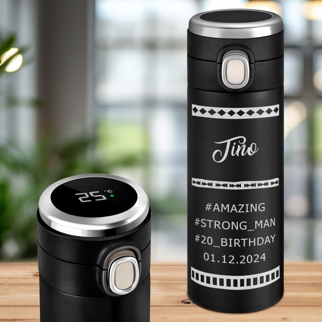 Schwarzer Reisebecher mit Gravur und LED-Touch-Anzeige für ihn zum Geburtstag