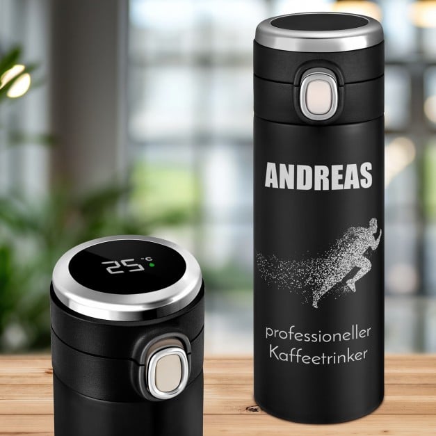 Schwarzer Reisebecher mit Gravur und LED-Touch-Anzeige für Ihren Liebsten. Jogger, Sportler