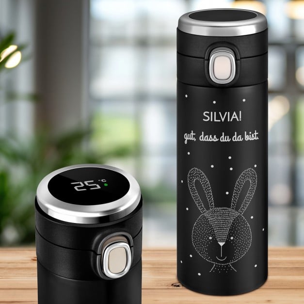 Schwarzer Reisebecher mit Gravur und LED-Touch-Anzeige für sie Ihre Freundin zum Geburtstag