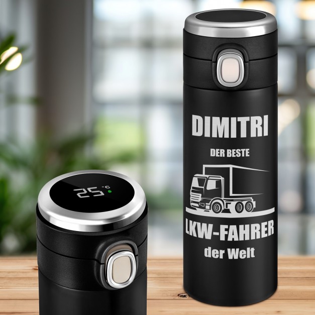 Schwarzer Reisebecher mit Gravur und LED-Touch-Anzeige für einen Berufskraftfahrer zum Geburtstag