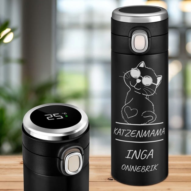 Schwarzer Reisebecher mit Gravur und LED-Touch-Anzeige für eine Katzenlady
