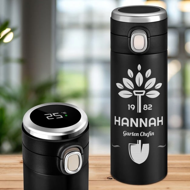 Schwarzer Reisebecher mit Gravur und LED-Touch-Anzeige für eine Gärtnerin zum Geburtstag