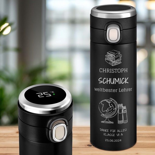 Schwarzer Reisebecher mit Gravur und LED-Touch-Anzeige für einen Lehrer, Klassenlehrer