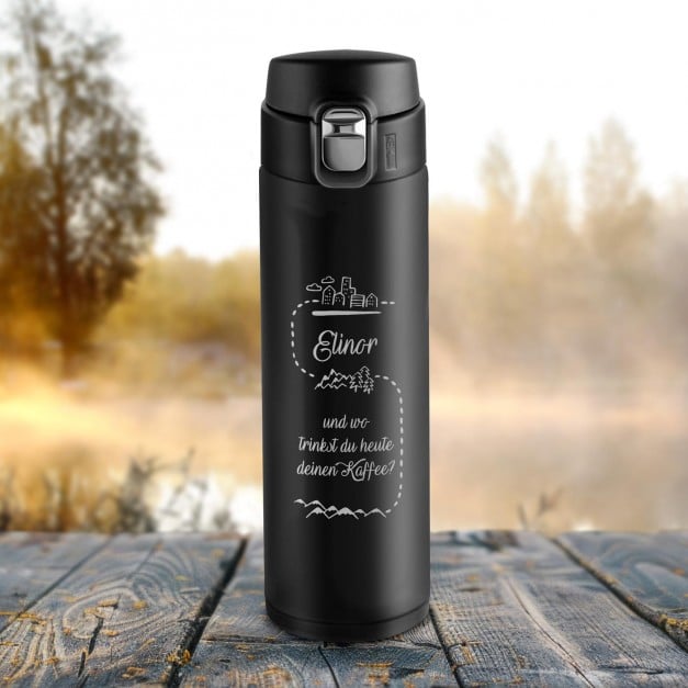 Auslaufsicherer Thermobecher mit Gravur 400 ml für eine Weltenbummlerin, Bergliebhaberin