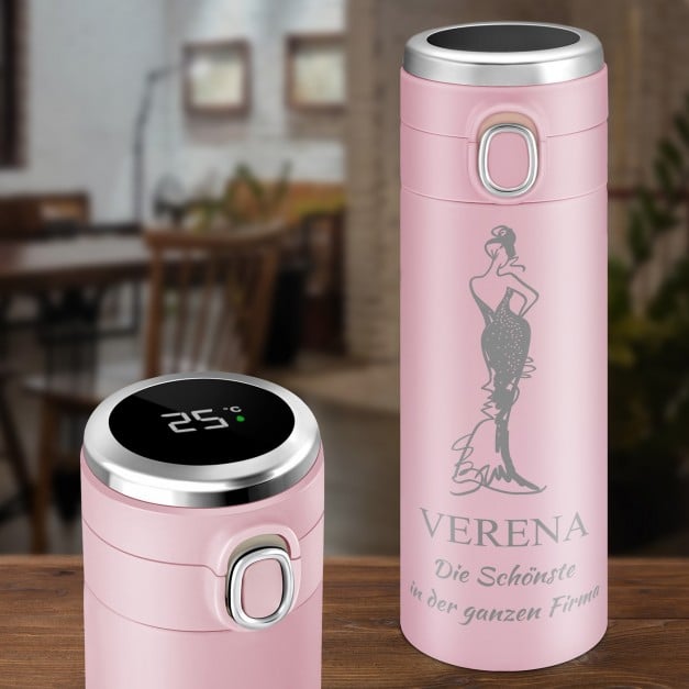 Rosa Reisebecher mit Gravur und LED-Touch-Anzeige für eine Dame