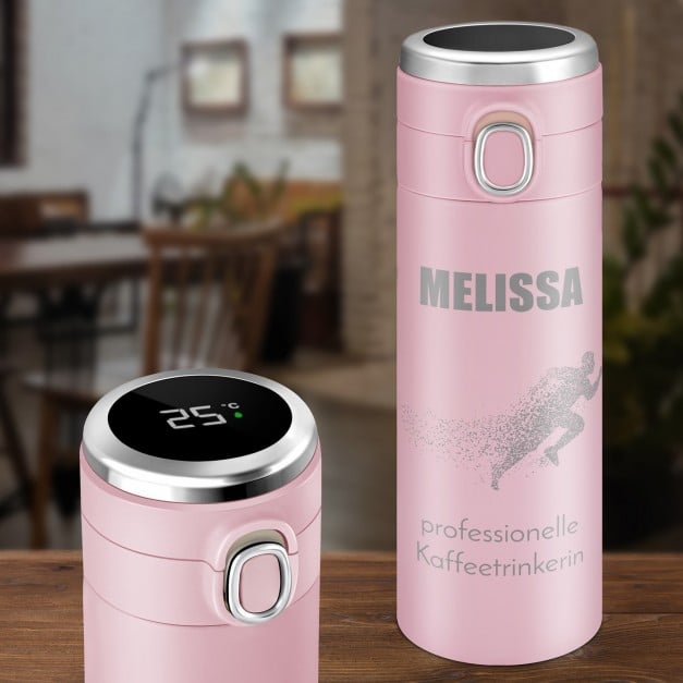 Rosa Reisebecher mit Gravur und LED-Touch-Anzeige für eine Läuferin, Sportlerin