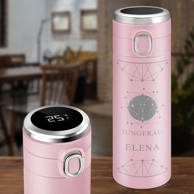 Rosa Reisebecher mit Gravur und LED-Touch-Anzeige für sie zum Geburtstag Sternzeichen