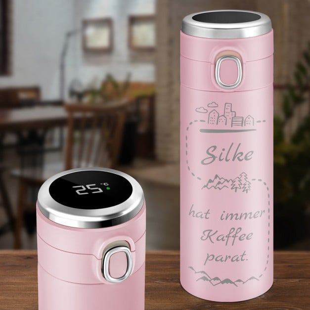 Rosa Reisebecher mit Gravur und LED-Touch-Anzeige für eine Kaffeegenießerin