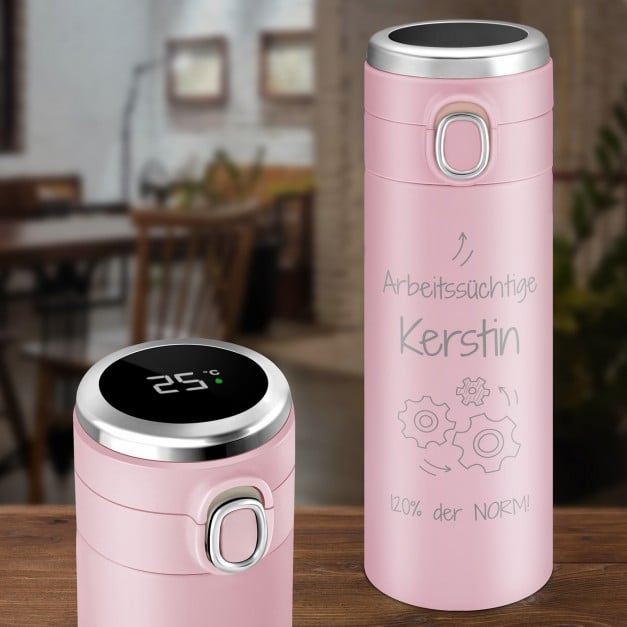 Rosa Reisebecher mit Gravur und LED-Touch-Anzeige zur Beförderung