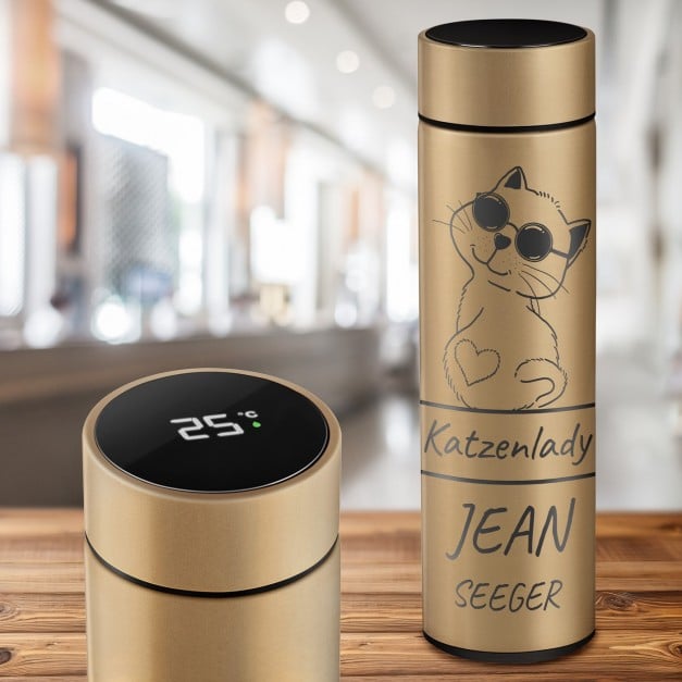 Auslaufsichere Thermosflasche mit Gravur Gold 400 ml für eine Katzenlady