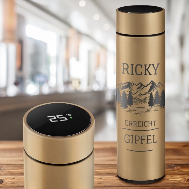Auslaufsichere Thermosflasche mit Gravur Gold 400 ml für einen Bergsteiger, Reisefan