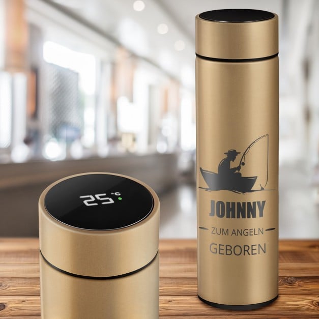 Auslaufsichere Thermosflasche mit Gravur Gold 400 ml für einen Angler, Fischer zum Geburtstag