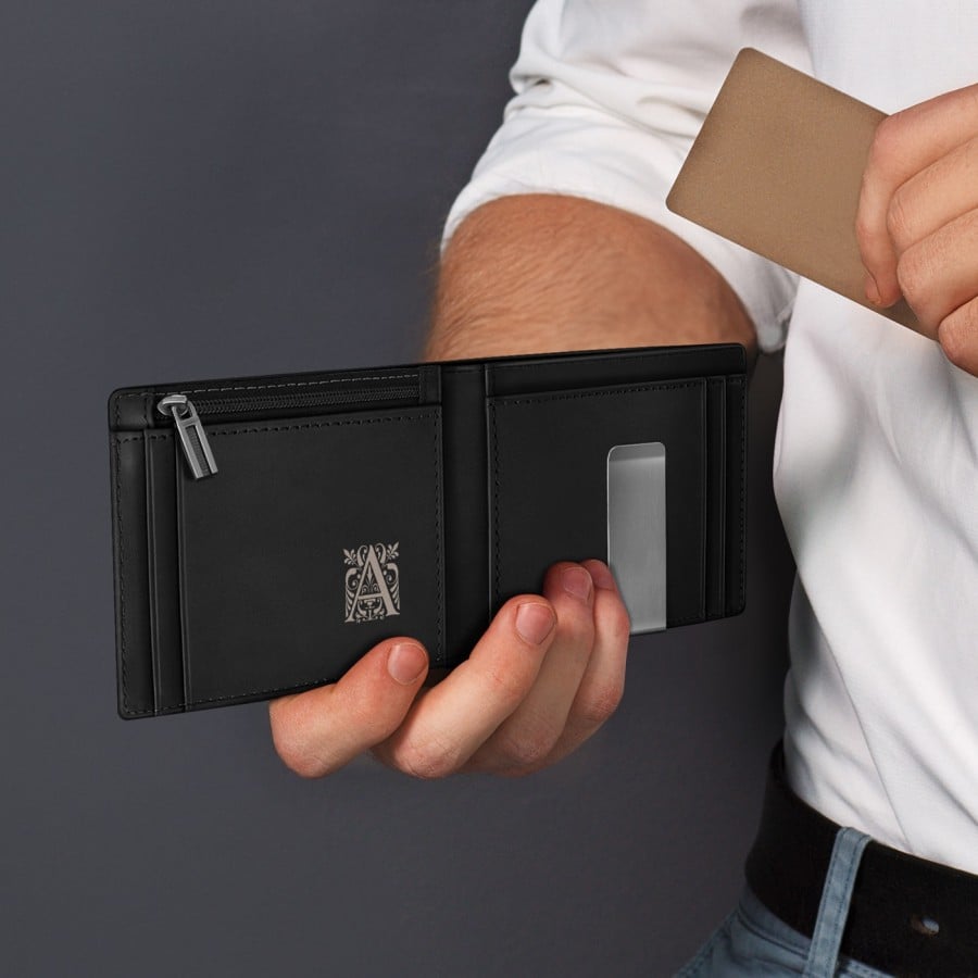 Herren Geldbeutel aus Leder mit Gravur Schwarz für ihn MAVERTON