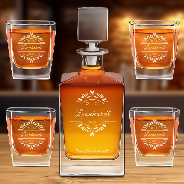 Cube Whisky Karaffe mit 4 Gläsern und Gravur für ein Paar zur Hochzeit, Einweihungsparty oder zum Hochzeitsjubiläum