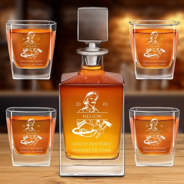 Cube Whisky Karaffe mit 4 Gläsern und Gravur für einen Feuerwehrmann zum Geburtstag