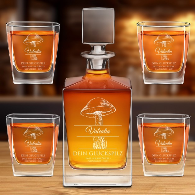 Cube Whisky Karaffe mit 4 Gläsern und Gravur für einen Pilzsammler