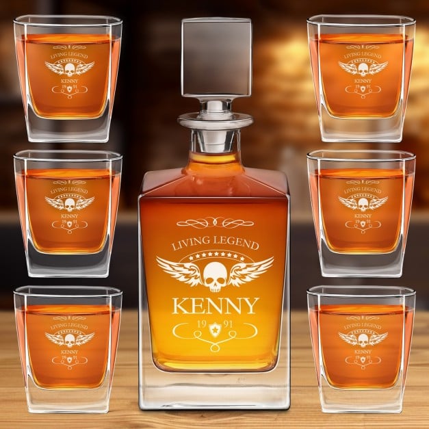 Cube Whisky Karaffe mit 6 Gläsern und Gravur für einen Motorradfan zum Geburtstag
