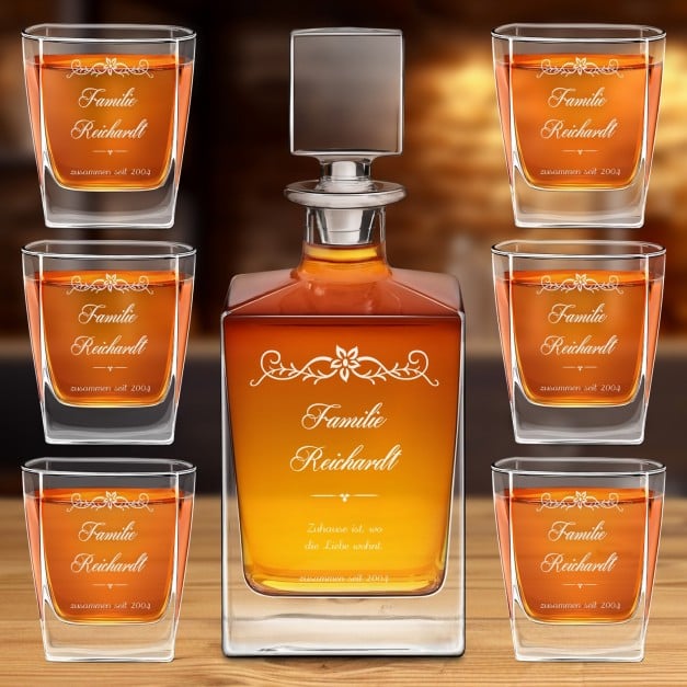 Cube Whisky Karaffe mit 6 Gläsern und Gravur für ein Paar zur Hochzeit Einweihungsparty oder zum Hochzeitsjubiläum